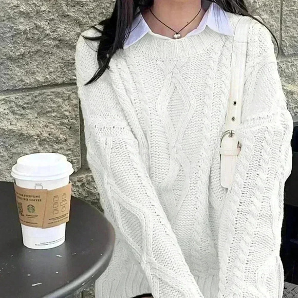 White Casual Women's Deep Round Neck Cable Knit Loose Pullover Sweater - Picture 6 of 7